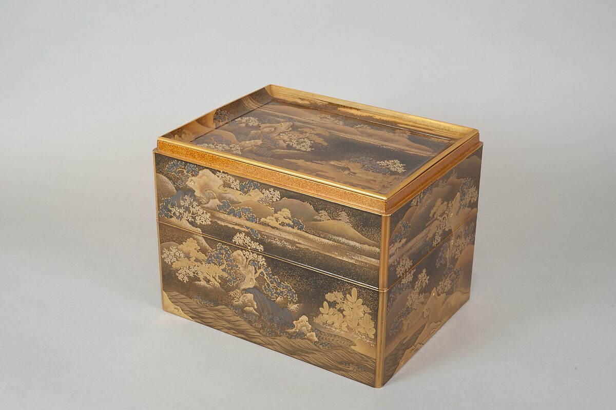 Box for Incense Utensils with Cherry Blossoms in a Landscape, Gold and silver maki-e and kirikane on black lacquer ground, Japan