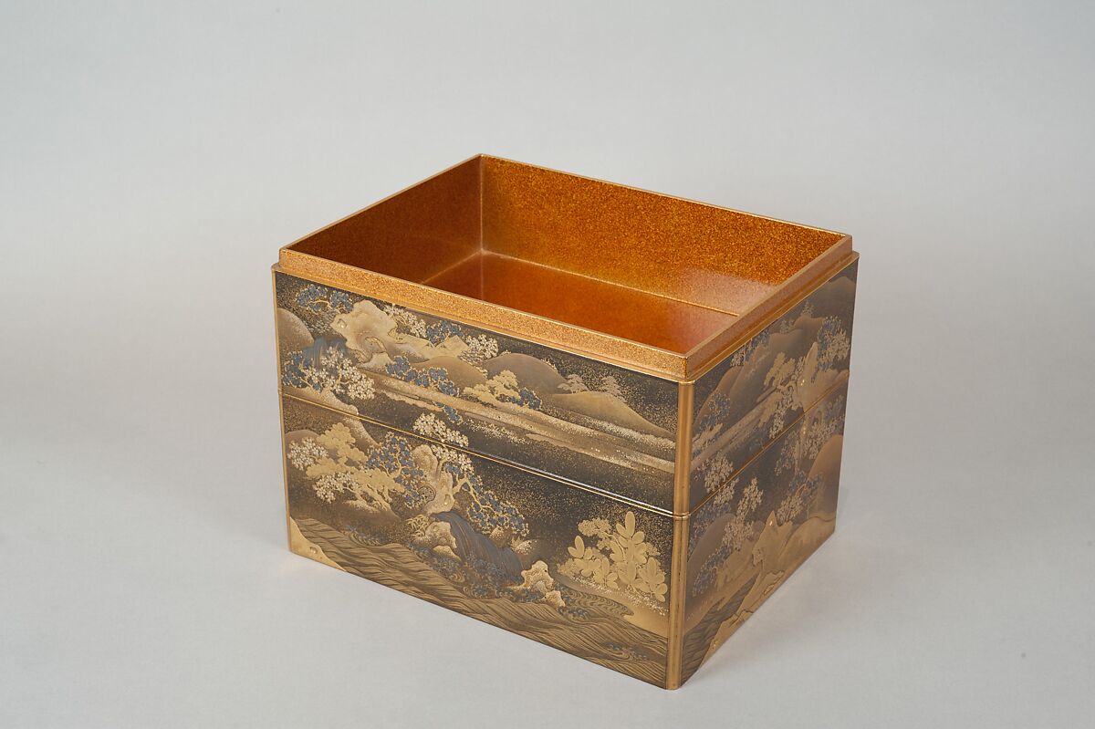 Box for Incense Utensils with Cherry Blossoms in a Landscape, Gold and silver maki-e and kirikane on black lacquer ground, Japan