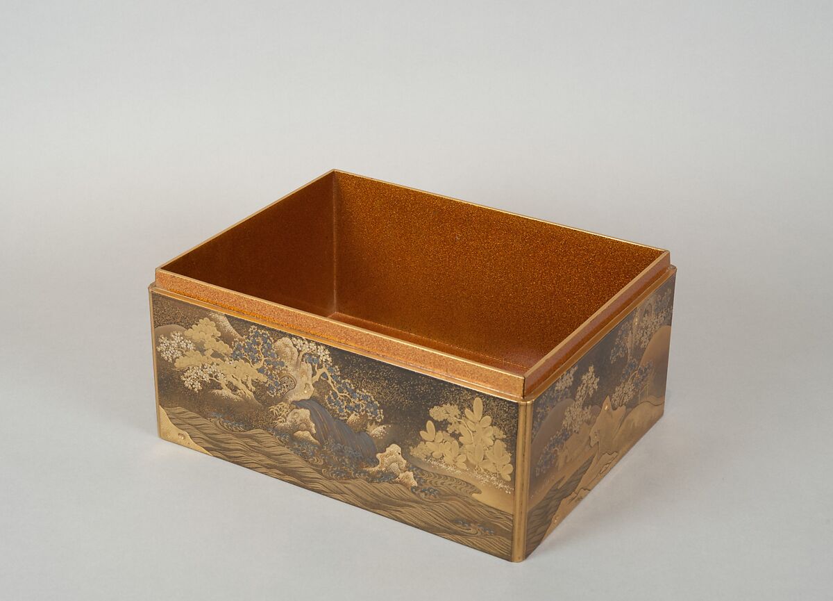 Box for Incense Utensils with Cherry Blossoms in a Landscape, Gold and silver maki-e and kirikane on black lacquer ground, Japan