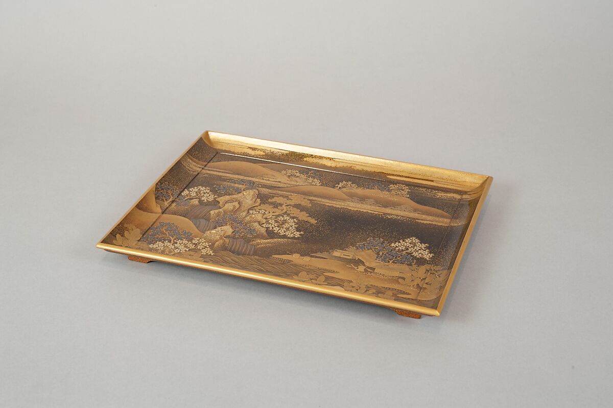 Box for Incense Utensils with Cherry Blossoms in a Landscape, Gold and silver maki-e and kirikane on black lacquer ground, Japan