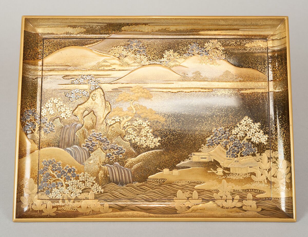 Box for Incense Utensils with Cherry Blossoms in a Landscape, Gold and silver maki-e and kirikane on black lacquer ground, Japan