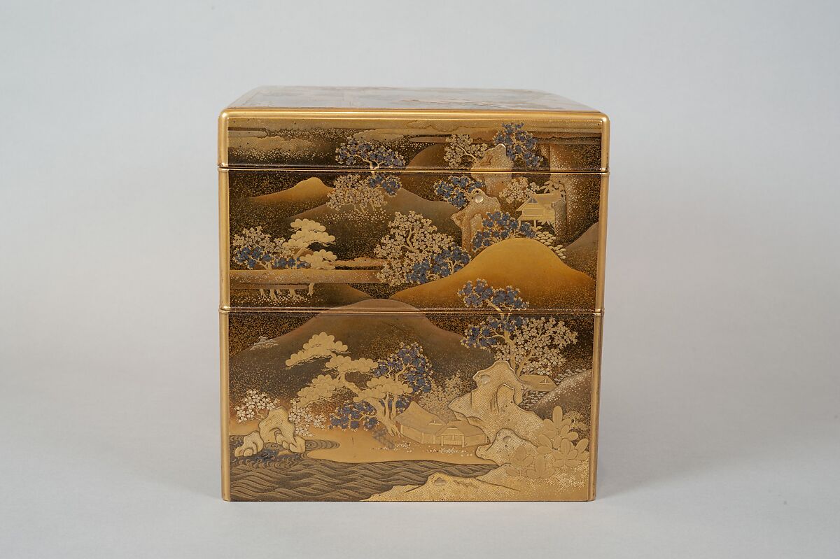 Box for Incense Utensils with Cherry Blossoms in a Landscape, Gold and silver maki-e and kirikane on black lacquer ground, Japan