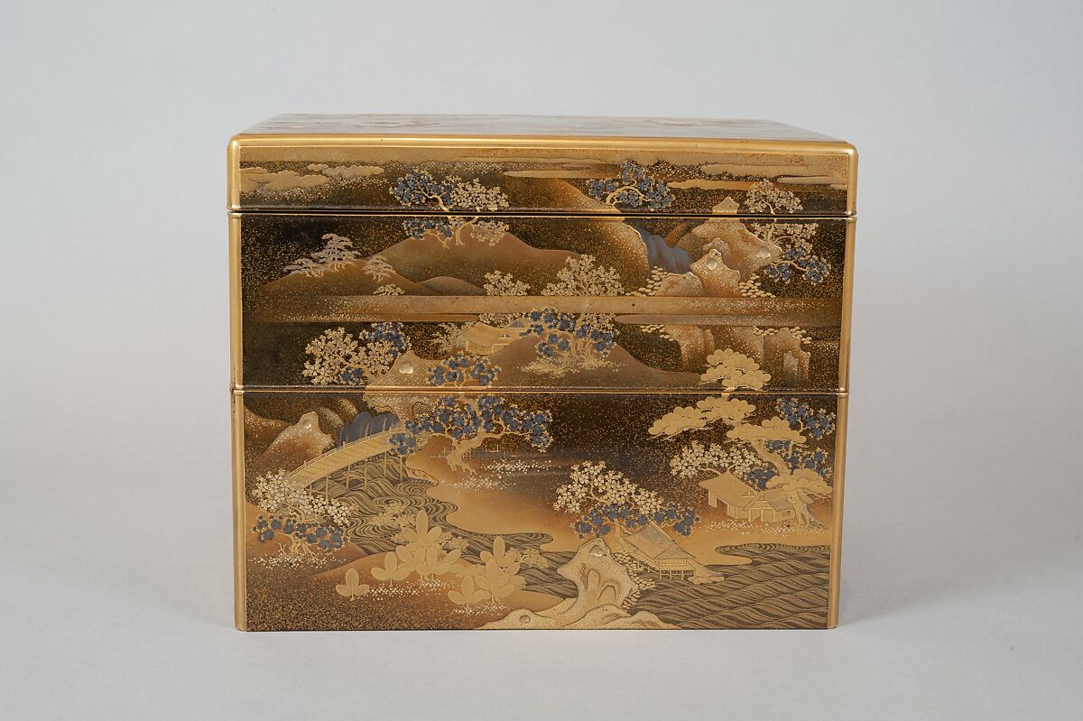 Box for Incense Utensils with Cherry Blossoms in a Landscape, Gold and silver maki-e and kirikane on black lacquer ground, Japan