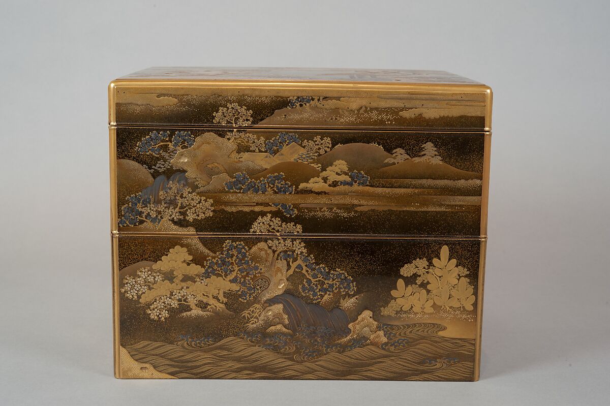 Box for Incense Utensils with Cherry Blossoms in a Landscape, Gold and silver maki-e and kirikane on black lacquer ground, Japan