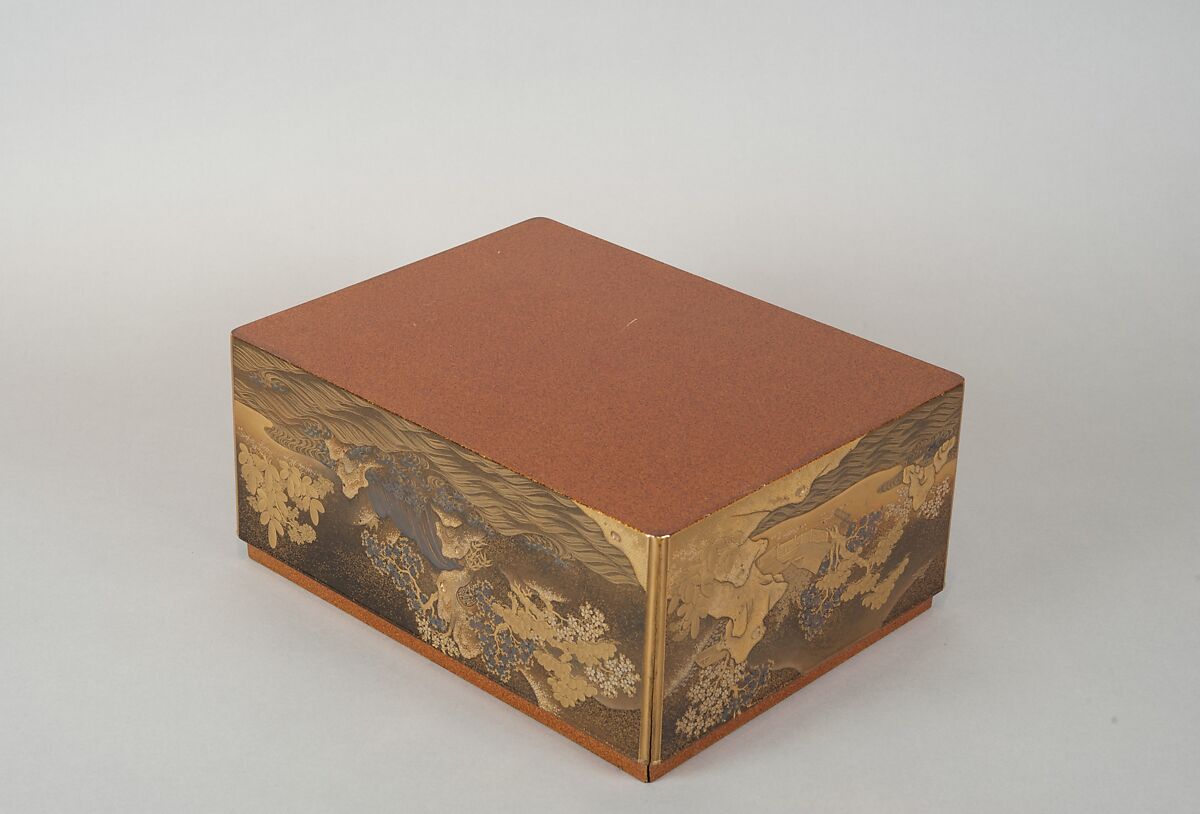 Box for Incense Utensils with Cherry Blossoms in a Landscape, Gold and silver maki-e and kirikane on black lacquer ground, Japan