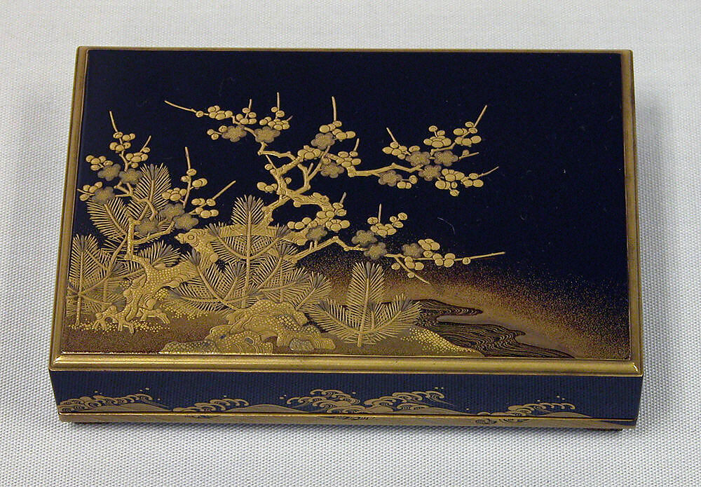 Box with Design of a Plum Tree and Pine, Gold and silver maki-e on black lacquer, Japan
