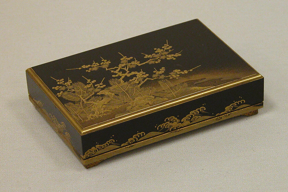 Box with Design of a Plum Tree and Pine, Gold and silver maki-e on black lacquer, Japan