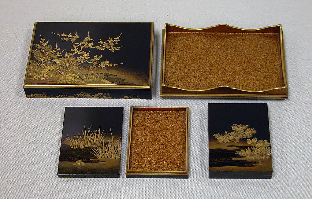 Box with Design of a Plum Tree and Pine, Gold and silver maki-e on black lacquer, Japan