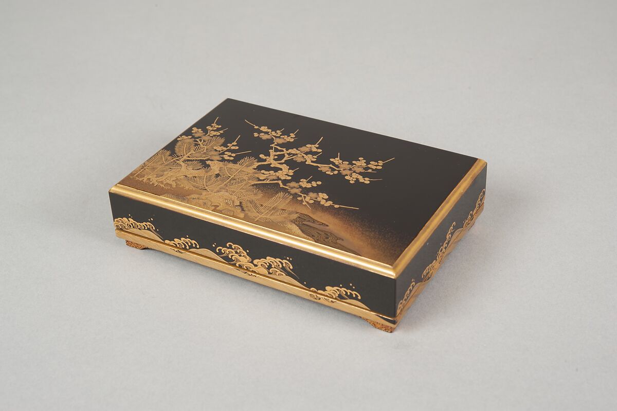 Box with Design of a Plum Tree and Pine, Gold and silver maki-e on black lacquer, Japan 