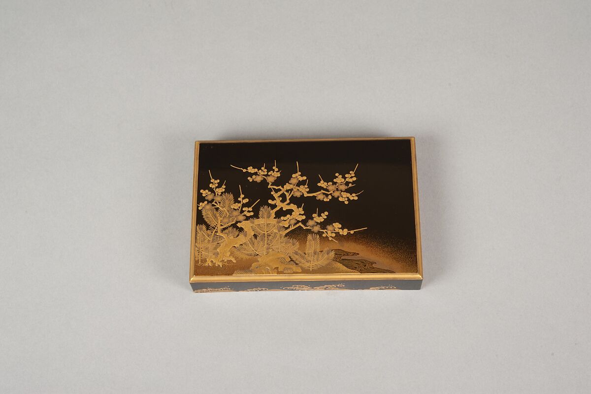 Box with Design of a Plum Tree and Pine, Gold and silver maki-e on black lacquer, Japan