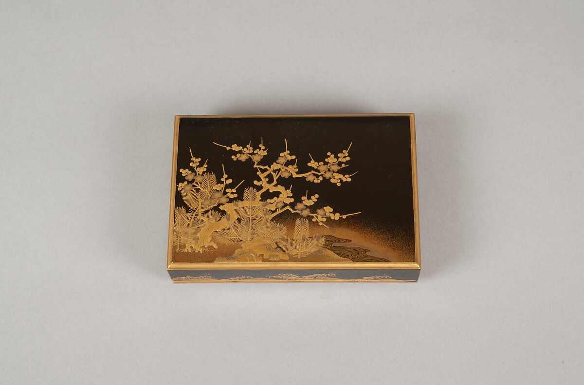 Box with Design of a Plum Tree and Pine, Gold and silver maki-e on black lacquer, Japan