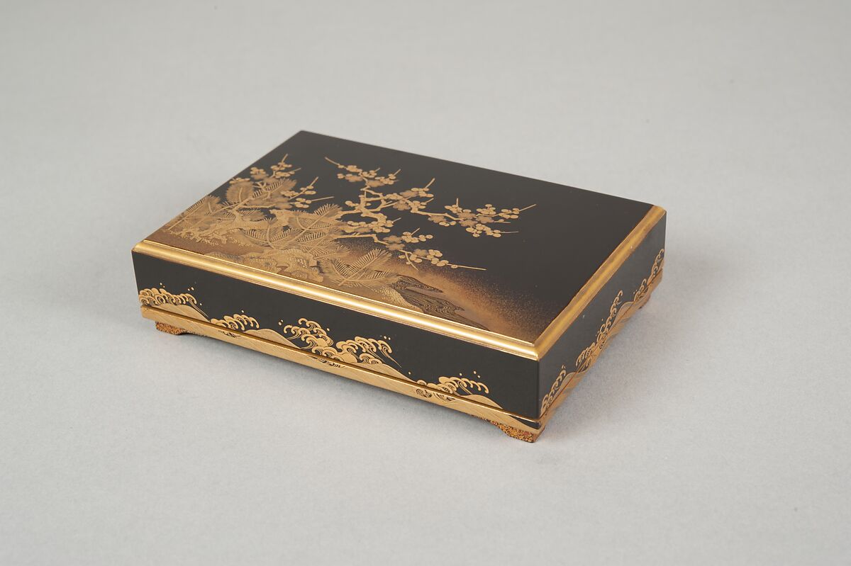 Box with Design of a Plum Tree and Pine, Gold and silver maki-e on black lacquer, Japan