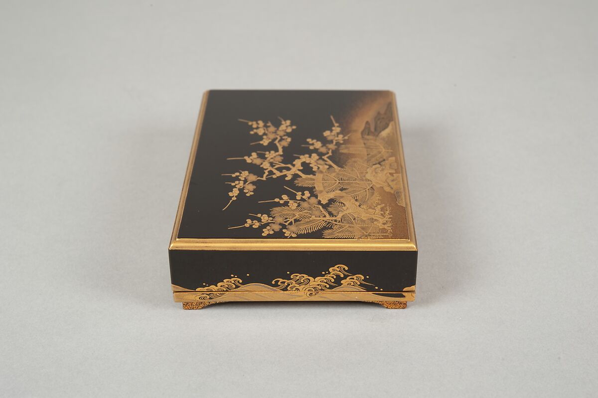 Box with Design of a Plum Tree and Pine, Gold and silver maki-e on black lacquer, Japan