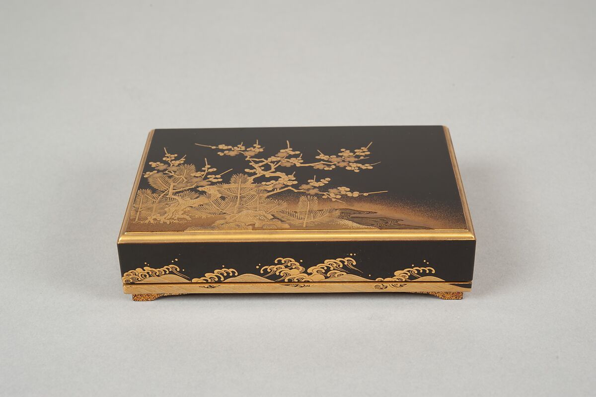 Box with Design of a Plum Tree and Pine, Gold and silver maki-e on black lacquer, Japan