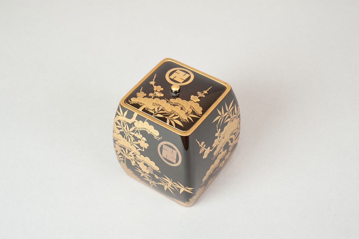Ash Container (Takigara-ire) for Incense Ceremony, with Family Crest, Pine, Bamboo, and Plum, Lacquered wood with gold, silver togidashimaki-e, hiramaki-e, and cutout gold leaf, Japan