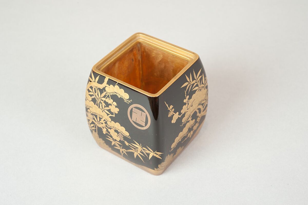 Ash Container (Takigara-ire) for Incense Ceremony, with Family Crest, Pine, Bamboo, and Plum, Lacquered wood with gold, silver togidashimaki-e, hiramaki-e, and cutout gold leaf, Japan