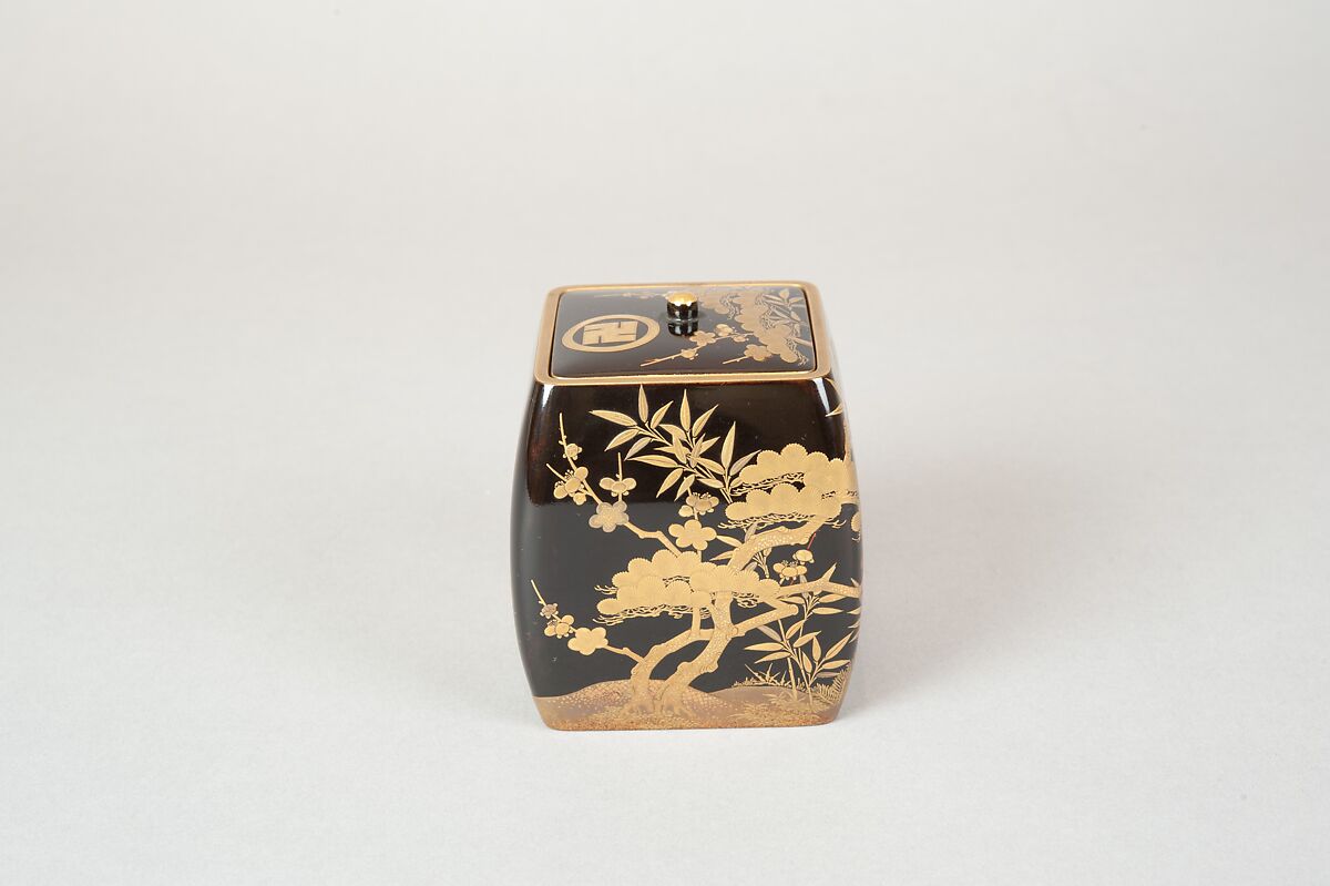 Ash Container (Takigara-ire) for Incense Ceremony, with Family Crest, Pine, Bamboo, and Plum, Lacquered wood with gold, silver togidashimaki-e, hiramaki-e, and cutout gold leaf, Japan