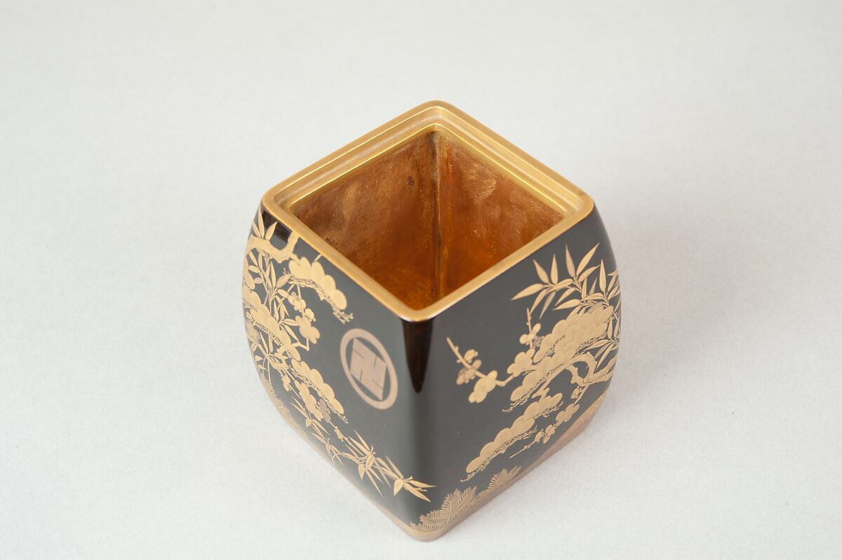 Ash Container (Takigara-ire) for Incense Ceremony, with Family Crest, Pine, Bamboo, and Plum, Lacquered wood with gold, silver togidashimaki-e, hiramaki-e, and cutout gold leaf, Japan