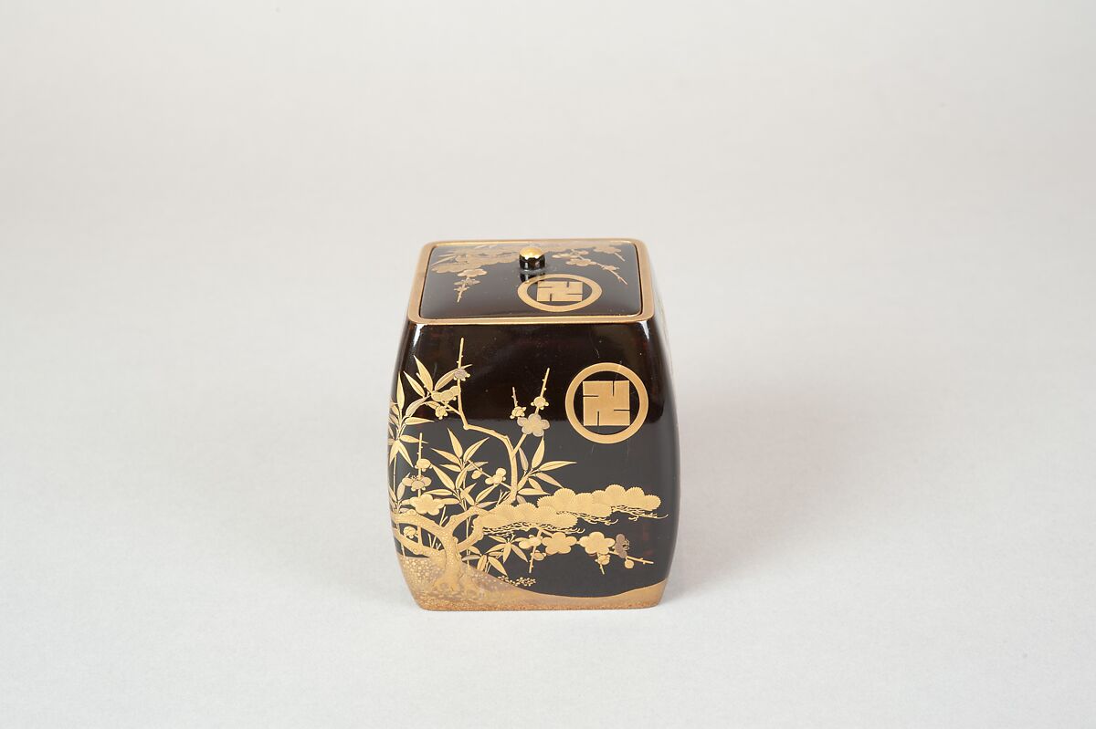 Ash Container (Takigara-ire) for Incense Ceremony, with Family Crest, Pine, Bamboo, and Plum, Lacquered wood with gold, silver togidashimaki-e, hiramaki-e, and cutout gold leaf, Japan