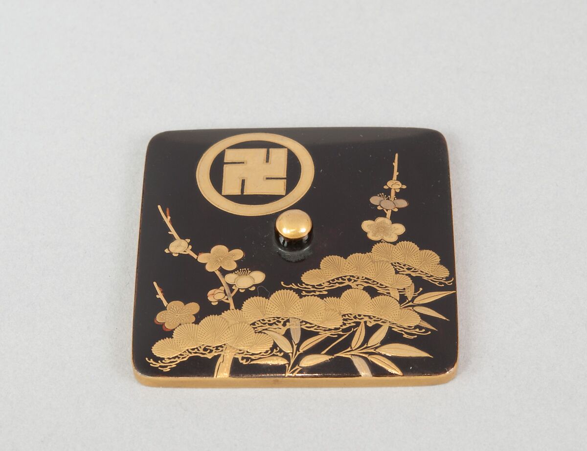 Ash Container (Takigara-ire) for Incense Ceremony, with Family Crest, Pine, Bamboo, and Plum, Lacquered wood with gold, silver togidashimaki-e, hiramaki-e, and cutout gold leaf, Japan