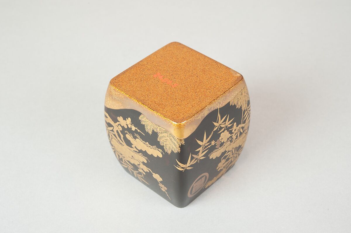 Ash Container (Takigara-ire) for Incense Ceremony, with Family Crest, Pine, Bamboo, and Plum, Lacquered wood with gold, silver togidashimaki-e, hiramaki-e, and cutout gold leaf, Japan