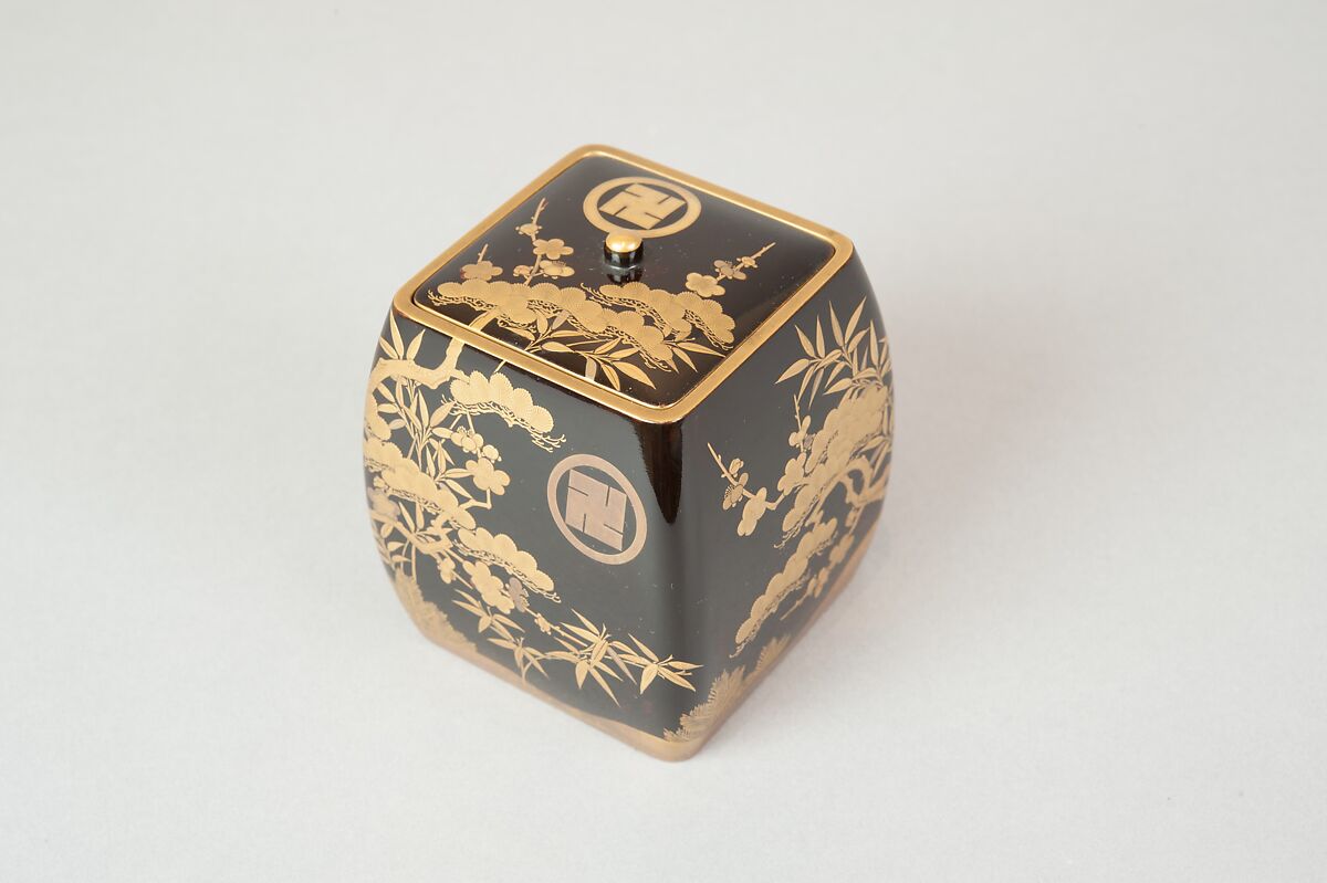 Ash Container (Takigara-ire) for Incense Ceremony, with Family Crest, Pine, Bamboo, and Plum, Lacquered wood with gold, silver togidashimaki-e, hiramaki-e, and cutout gold leaf, Japan