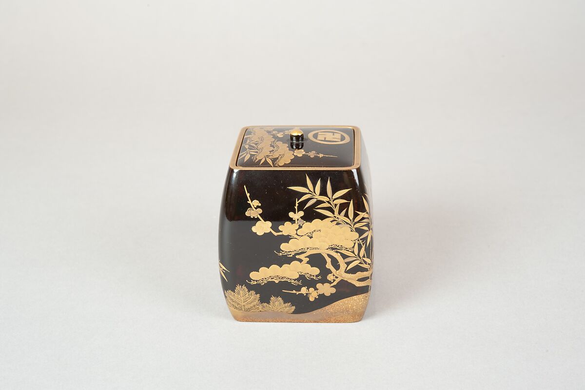 Ash Container (Takigara-ire) for Incense Ceremony, with Family Crest, Pine, Bamboo, and Plum, Lacquered wood with gold, silver togidashimaki-e, hiramaki-e, and cutout gold leaf, Japan