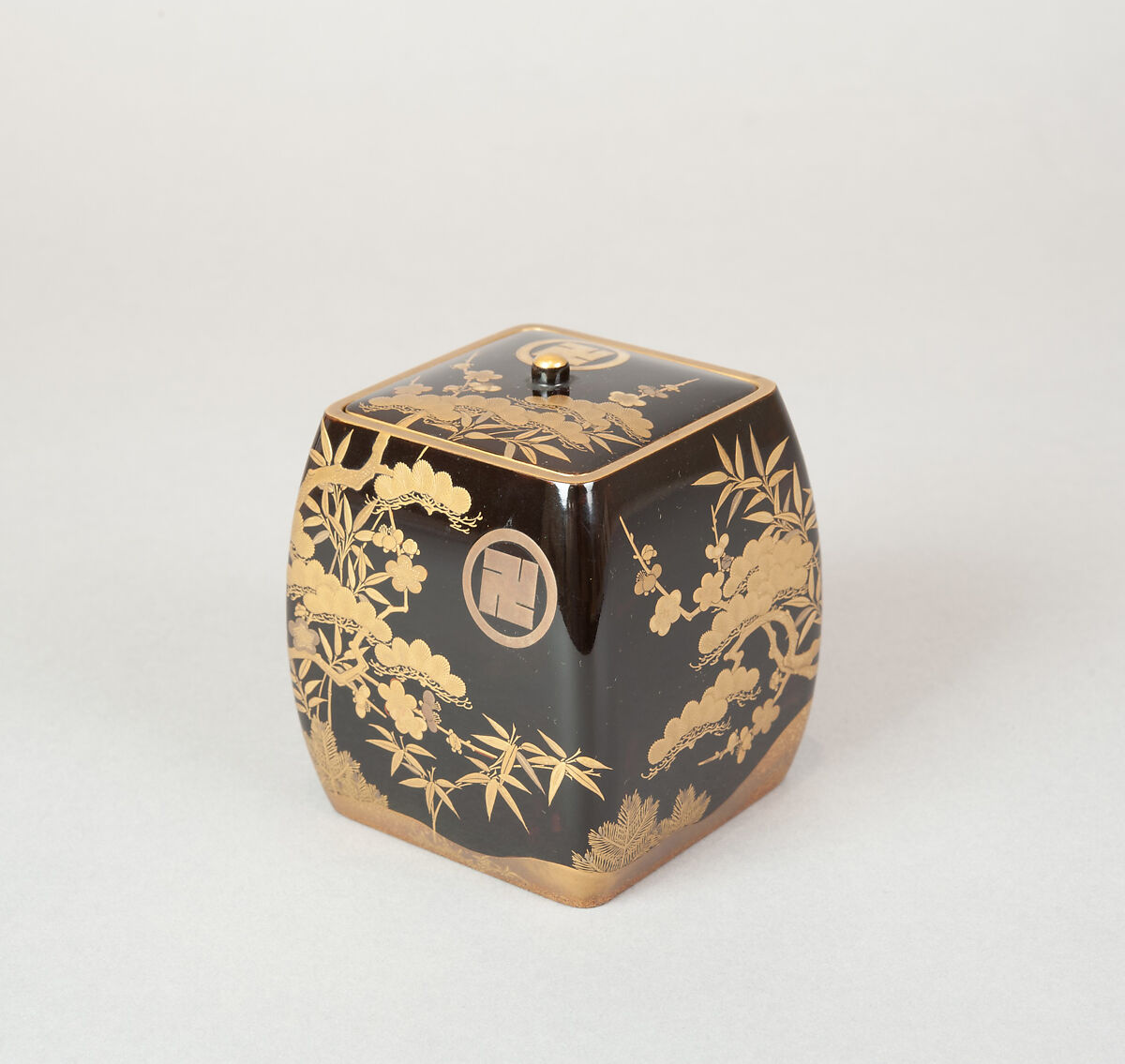 Ash Container (Takigara-ire) for Incense Ceremony, with Family Crest, Pine, Bamboo, and Plum, Lacquered wood with gold, silver togidashimaki-e, hiramaki-e, and cutout gold leaf, Japan 