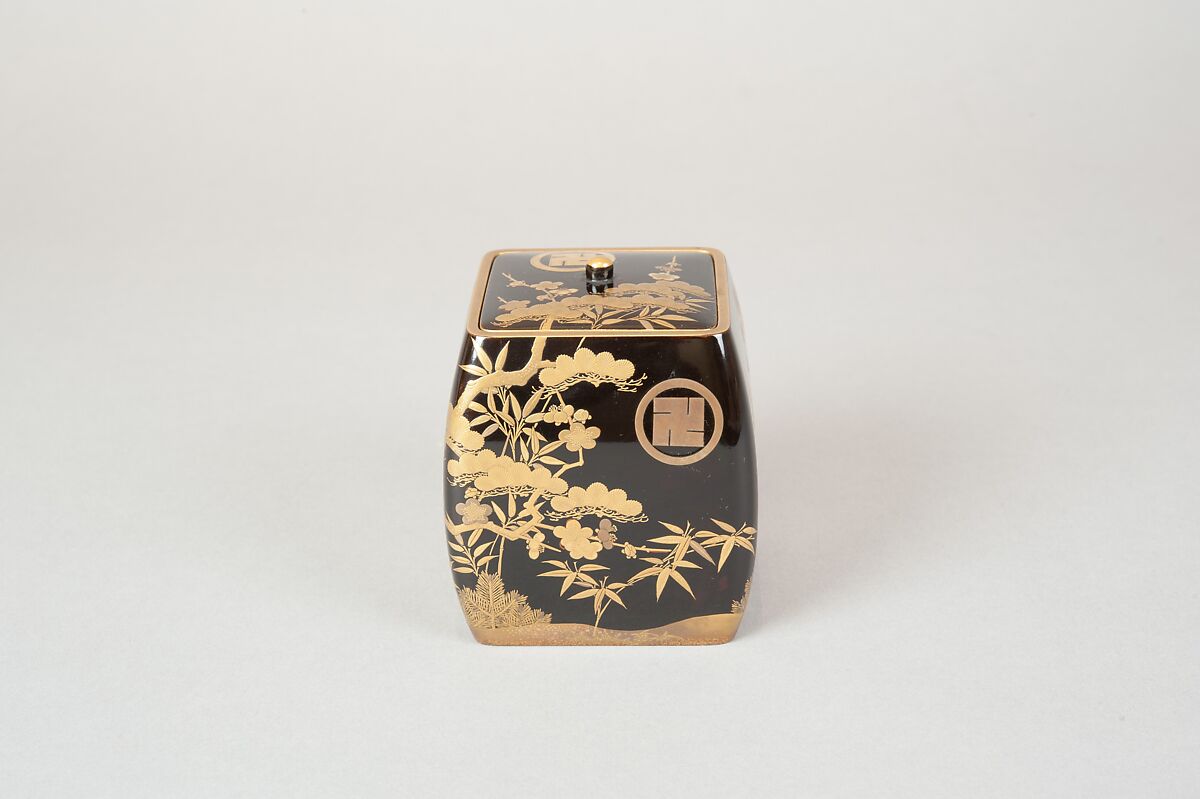 Ash Container (Takigara-ire) for Incense Ceremony, with Family Crest, Pine, Bamboo, and Plum, Lacquered wood with gold, silver togidashimaki-e, hiramaki-e, and cutout gold leaf, Japan