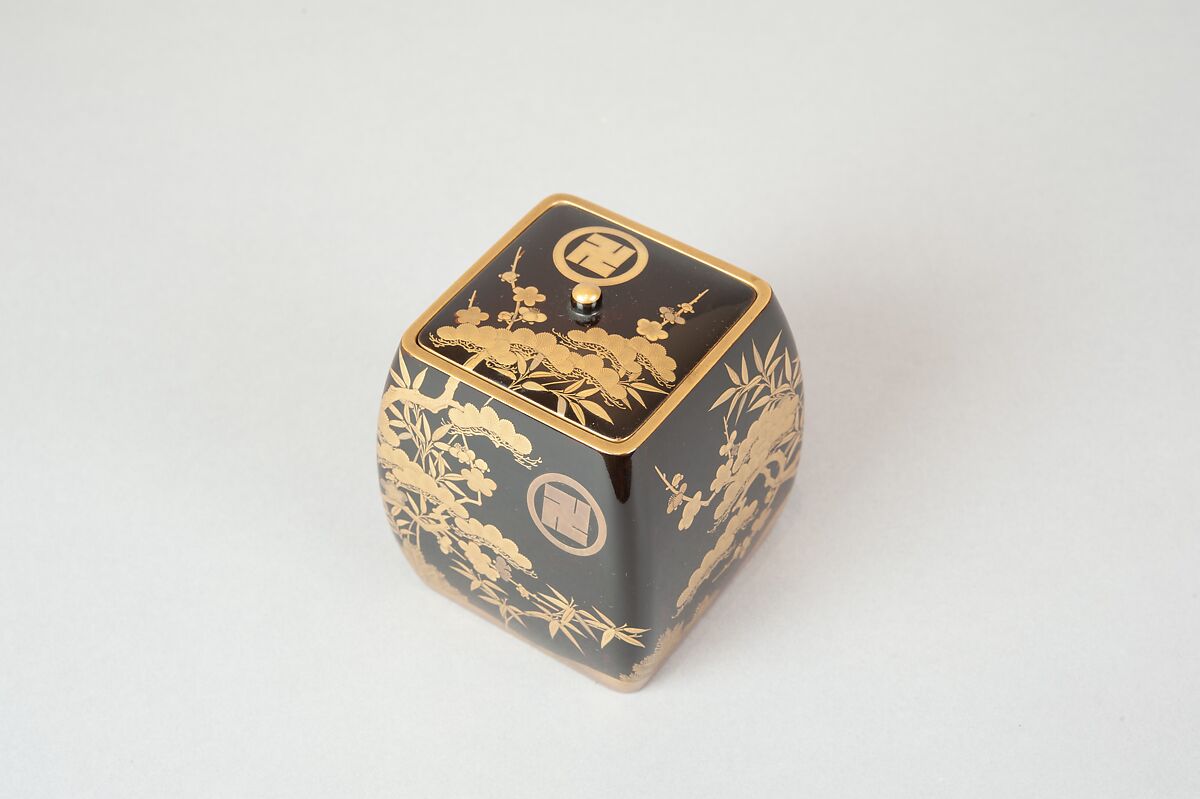 Ash Container (Takigara-ire) for Incense Ceremony, with Family Crest, Pine, Bamboo, and Plum, Lacquered wood with gold, silver togidashimaki-e, hiramaki-e, and cutout gold leaf, Japan