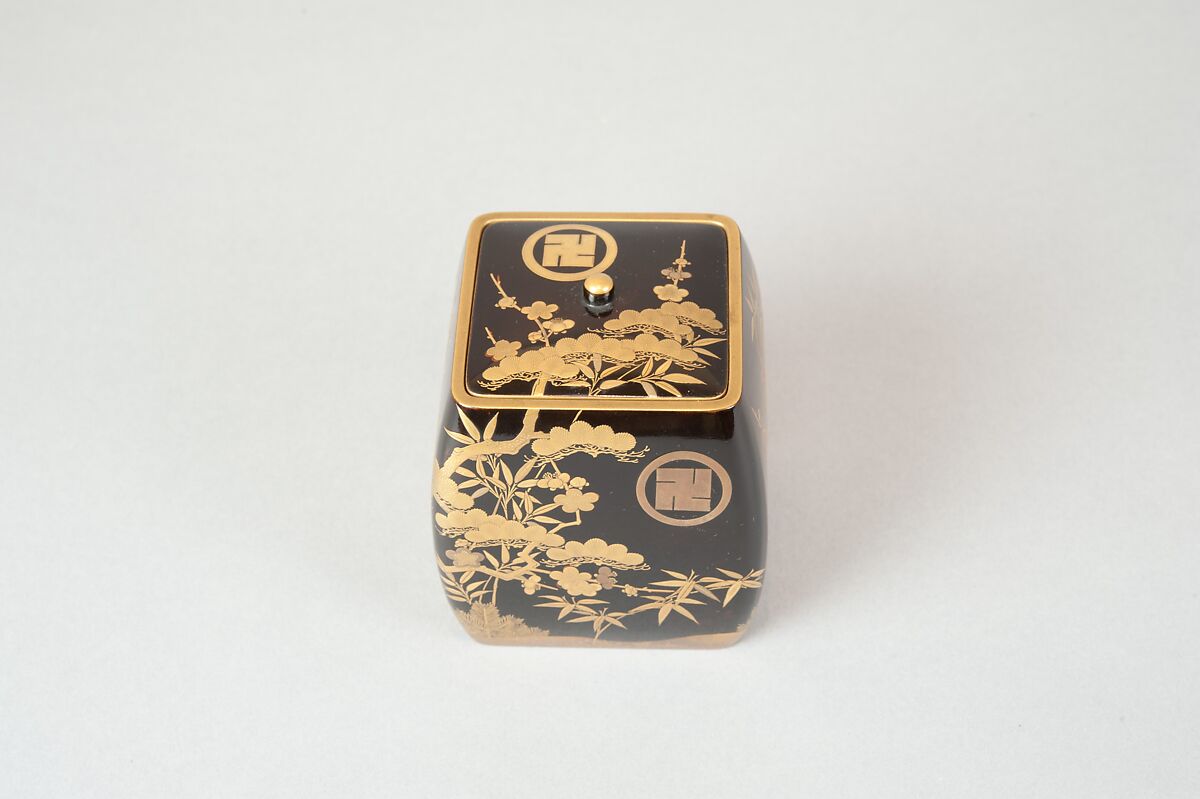 Ash Container (Takigara-ire) for Incense Ceremony, with Family Crest, Pine, Bamboo, and Plum, Lacquered wood with gold, silver togidashimaki-e, hiramaki-e, and cutout gold leaf, Japan