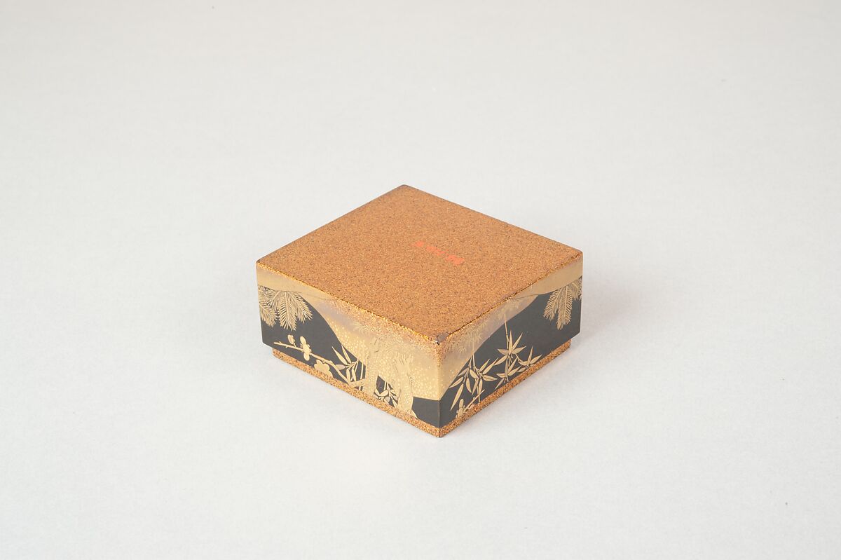 Tiered Incense Box (Jūkōgō) with Family Crest, Pine, Bamboo, and Plum, Lacquer with sprinkled gold, Japan