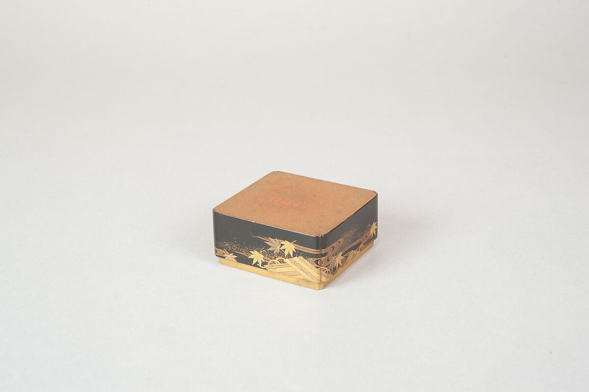 Tiered Box with Design of Maple and Raft, Gold and silver maki-e on black lacquer, Japan