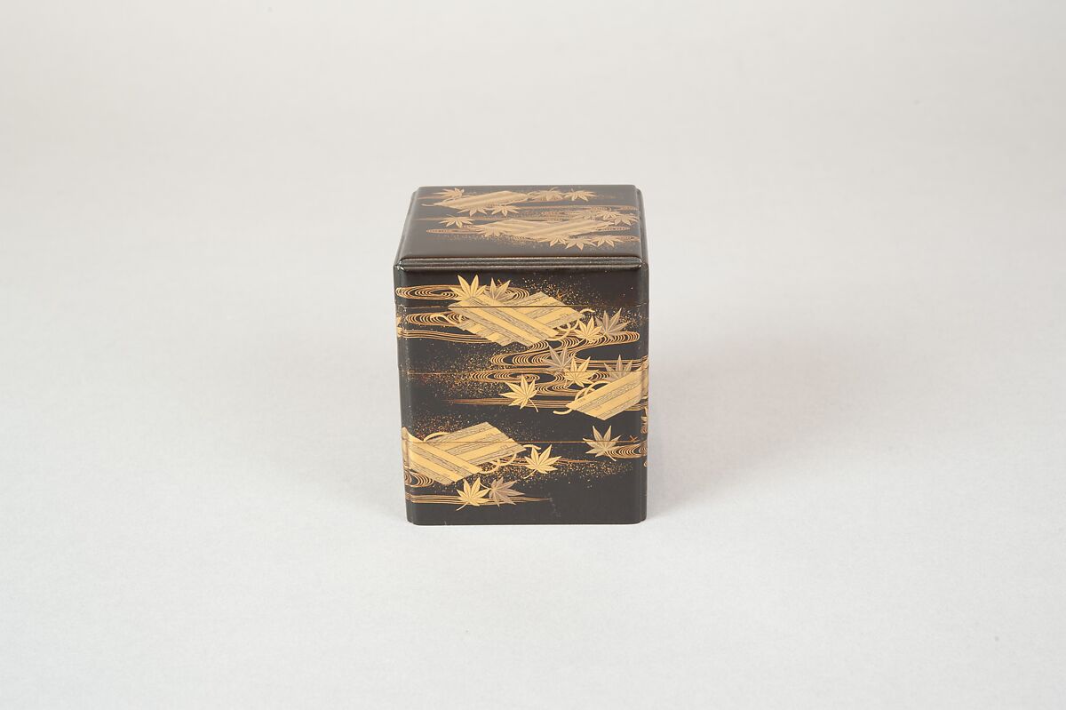 Tiered Box with Design of Maple and Raft, Gold and silver maki-e on black lacquer, Japan