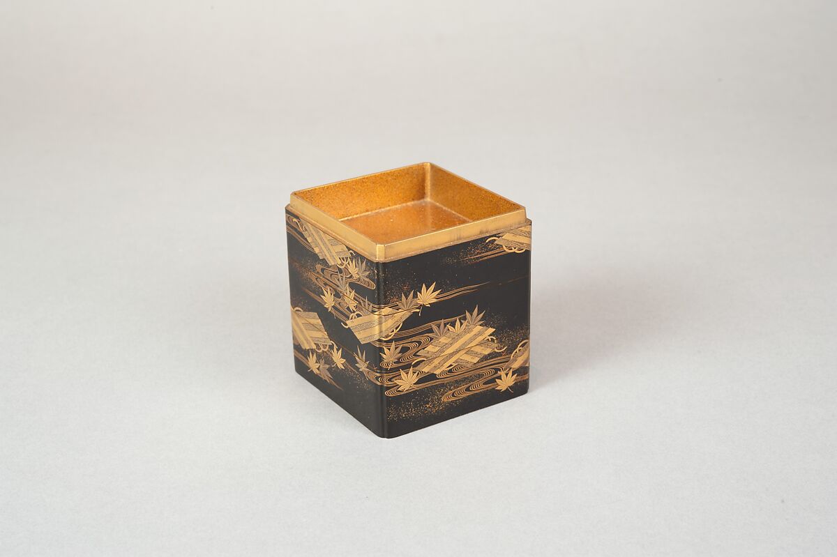 Tiered Box with Design of Maple and Raft, Gold and silver maki-e on black lacquer, Japan