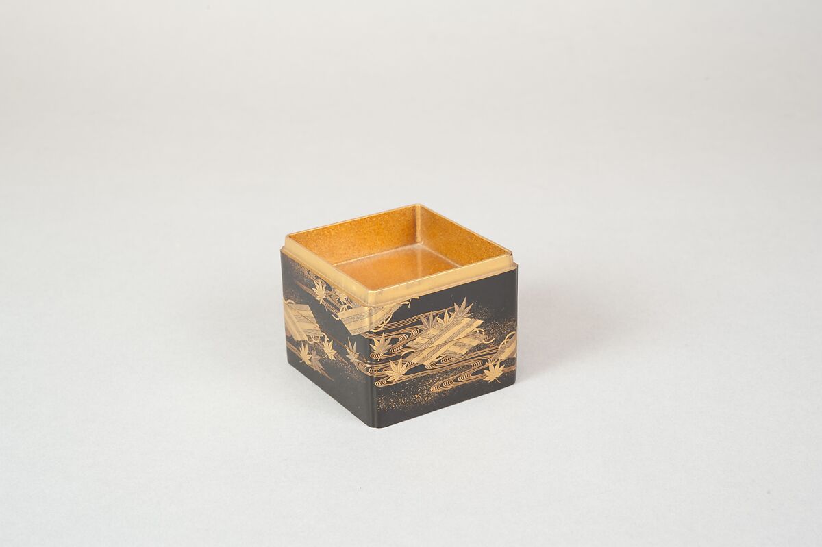 Tiered Box with Design of Maple and Raft, Gold and silver maki-e on black lacquer, Japan