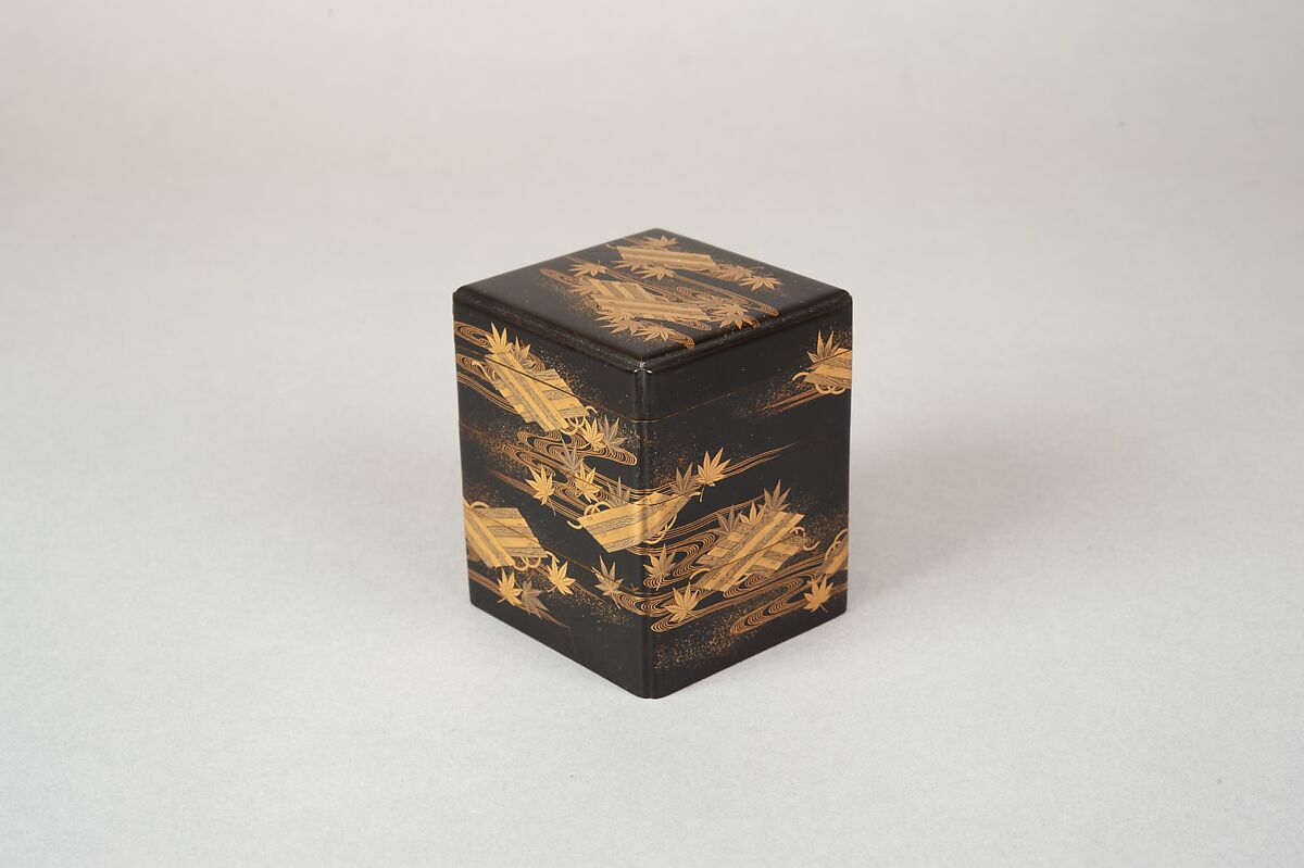 Tiered Box with Design of Maple and Raft, Gold and silver maki-e on black lacquer, Japan
