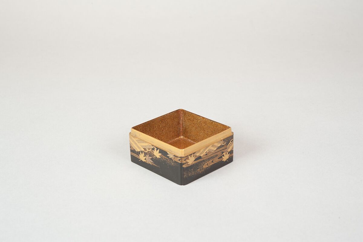 Tiered Box with Design of Maple and Raft, Gold and silver maki-e on black lacquer, Japan