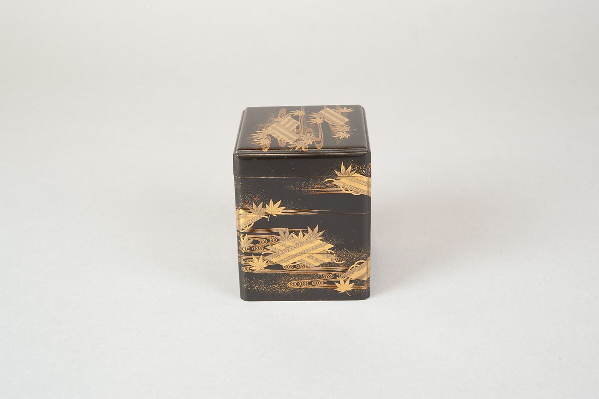 Tiered Box with Design of Maple and Raft, Gold and silver maki-e on black lacquer, Japan