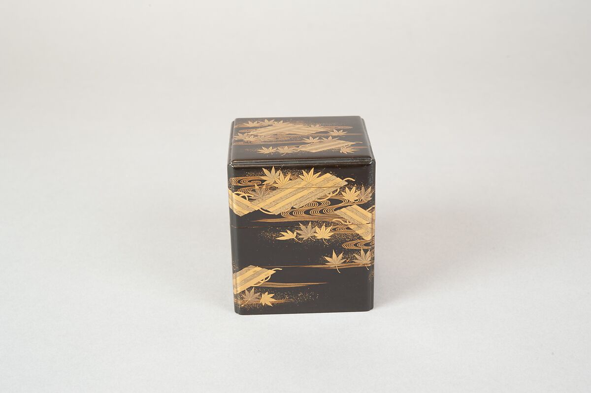 Tiered Box with Design of Maple and Raft, Gold and silver maki-e on black lacquer, Japan