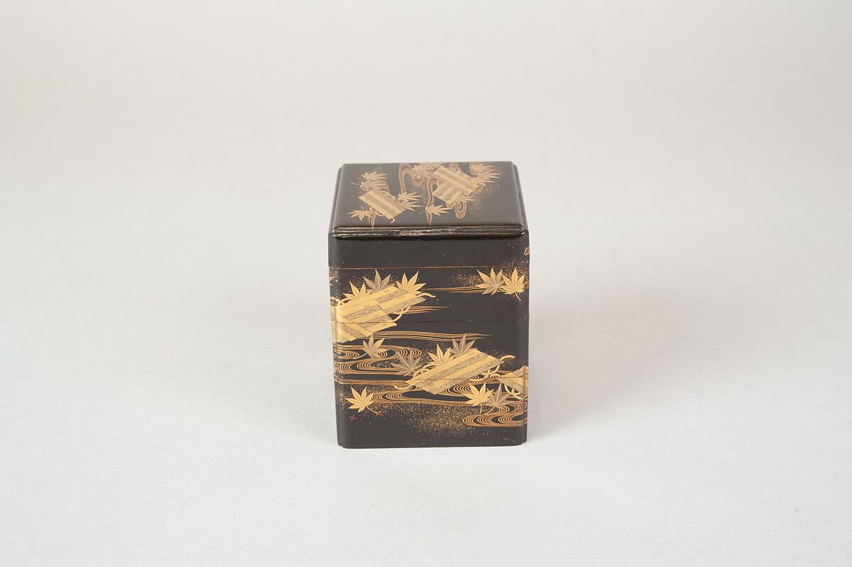 Tiered Box with Design of Maple and Raft, Gold and silver maki-e on black lacquer, Japan