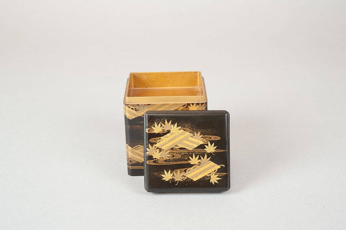 Tiered Box with Design of Maple and Raft, Gold and silver maki-e on black lacquer, Japan