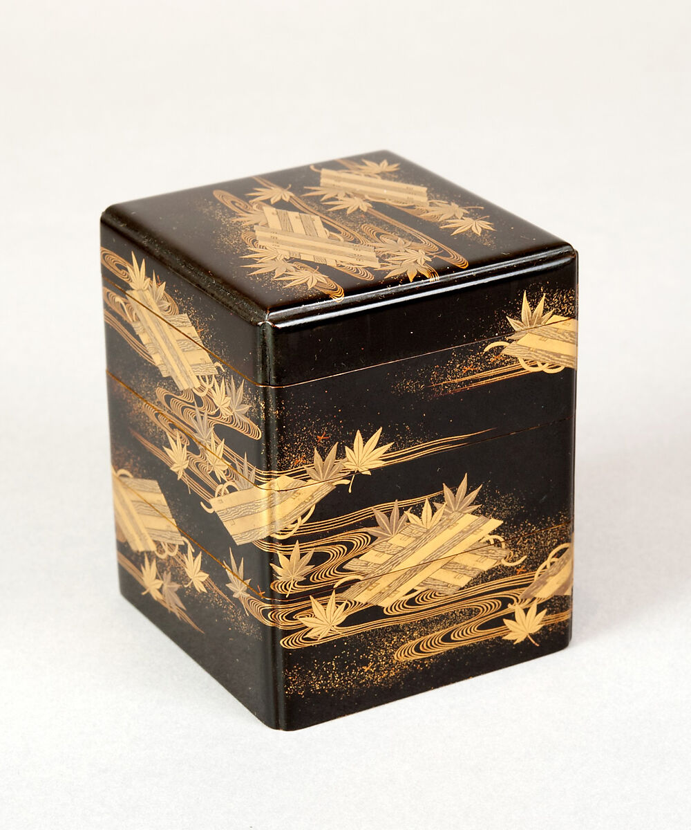 Tiered Box with Design of Maple and Raft, Gold and silver maki-e on black lacquer, Japan 
