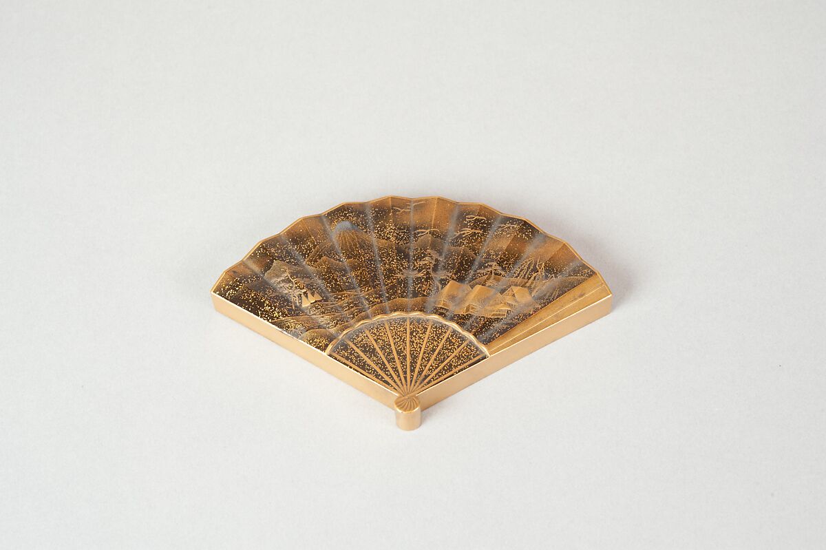 Incense box in the shape of a folding fan, Lacquered wood with gold and silver hiramaki-e on “pear-skin” (nashiji) ground, Japan