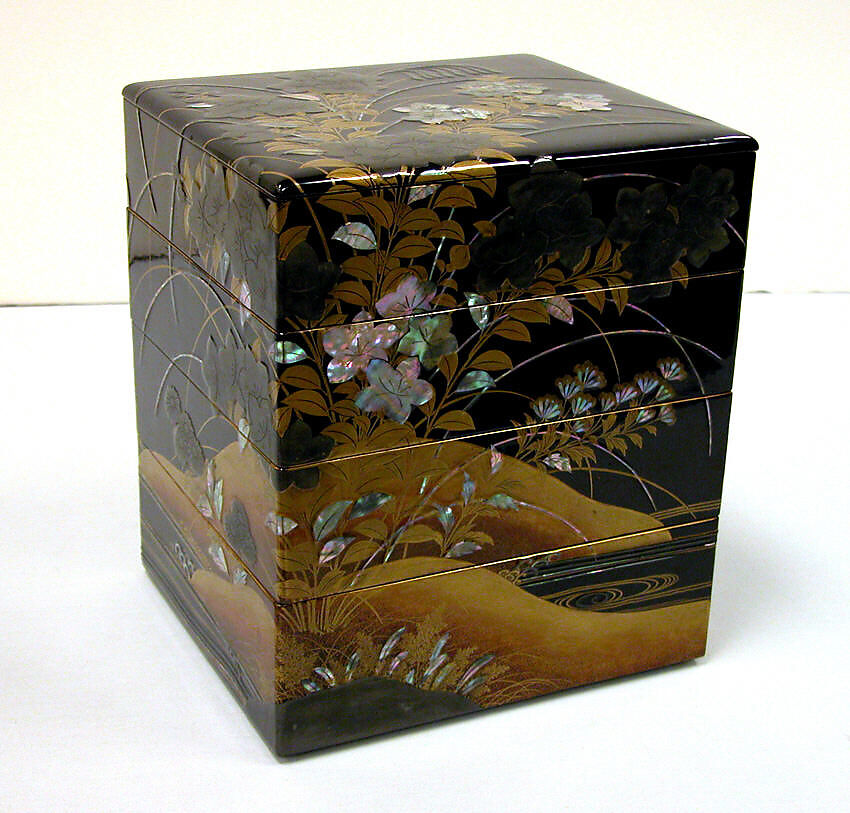 Tiered Box with Design of Bellflower and Autumn Grasses, Black lacquer with powdered gold and silver (maki-e) and mother-of-pearl and pewter inlays, Japan 