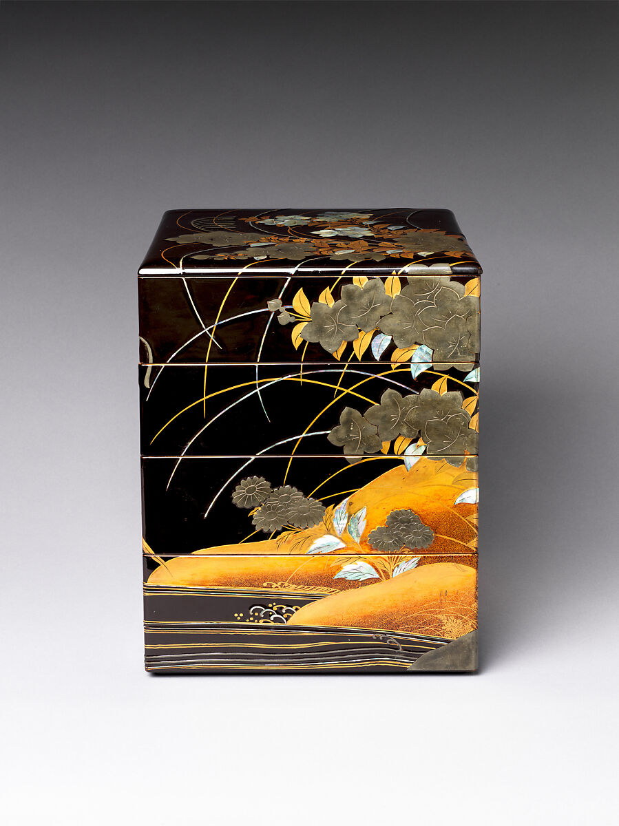Tiered Box with Design of Bellflower and Autumn Grasses, Black lacquer with powdered gold and silver (maki-e) and mother-of-pearl and pewter inlays, Japan