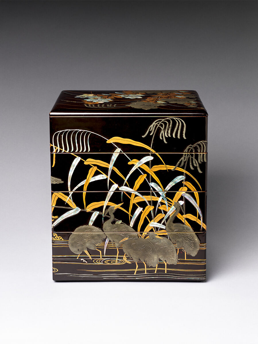 Tiered Box with Design of Bellflower and Autumn Grasses, Black lacquer with powdered gold and silver (maki-e) and mother-of-pearl and pewter inlays, Japan