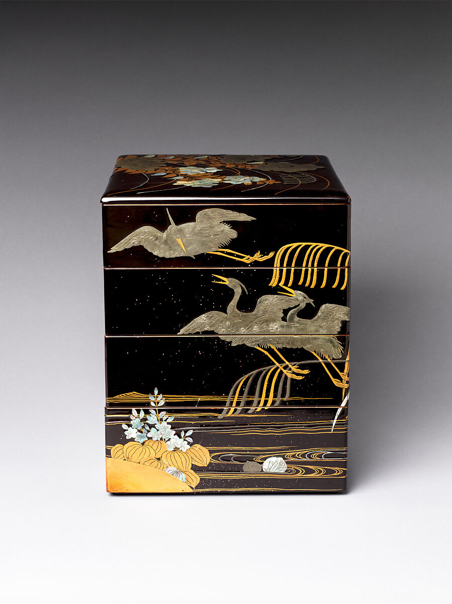 Tiered Box with Design of Bellflower and Autumn Grasses, Black lacquer with powdered gold and silver (maki-e) and mother-of-pearl and pewter inlays, Japan