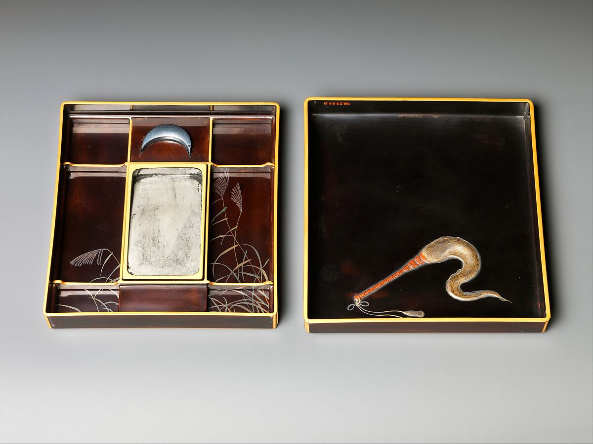 Writing Box (Suzuribako) with Hell Courtesan’s Robe, Lacquered wood with gold, silver, iroko (color) takamaki-e, hiramaki-e on black ground, Japan
