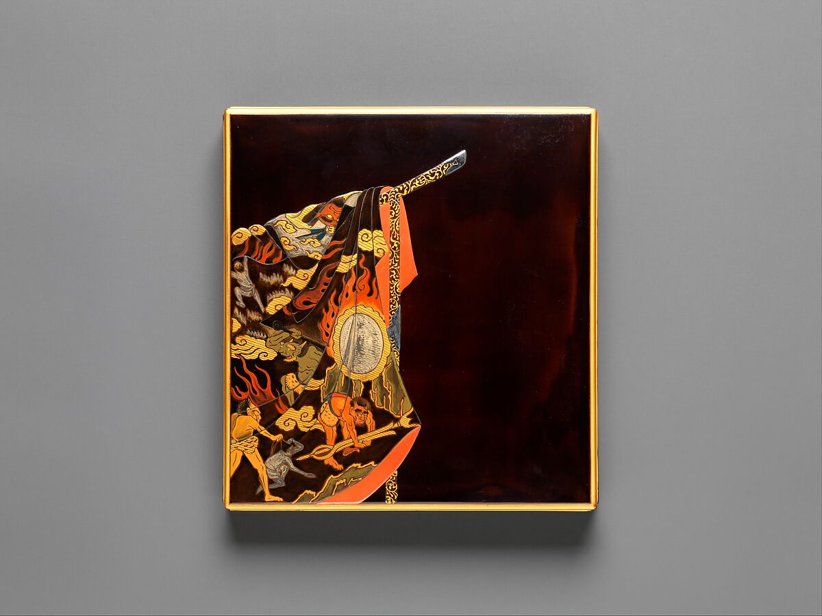 Writing Box (Suzuribako) with Hell Courtesan’s Robe, Lacquered wood with gold, silver, iroko (color) takamaki-e, hiramaki-e on black ground, Japan